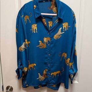 Source Unknown Blue Animal Print Blouse